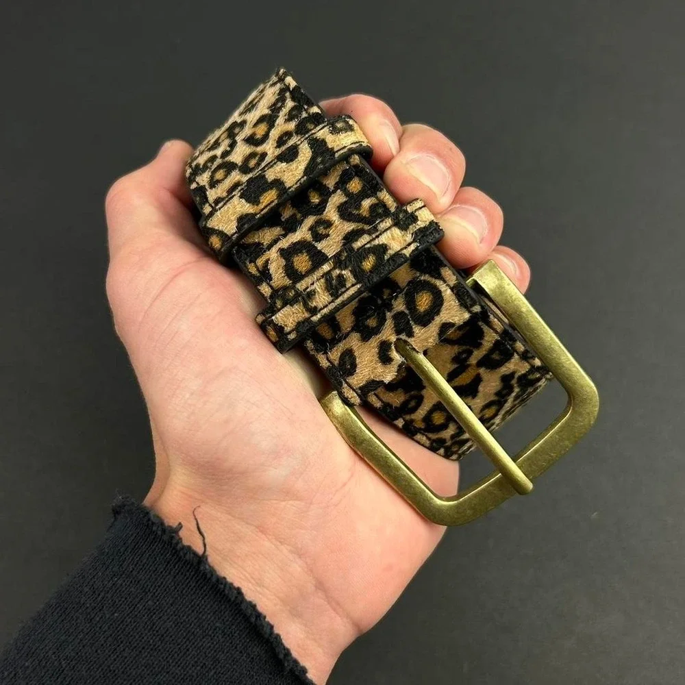 Vintage style cheetah leopard print fur belt american western black and tan